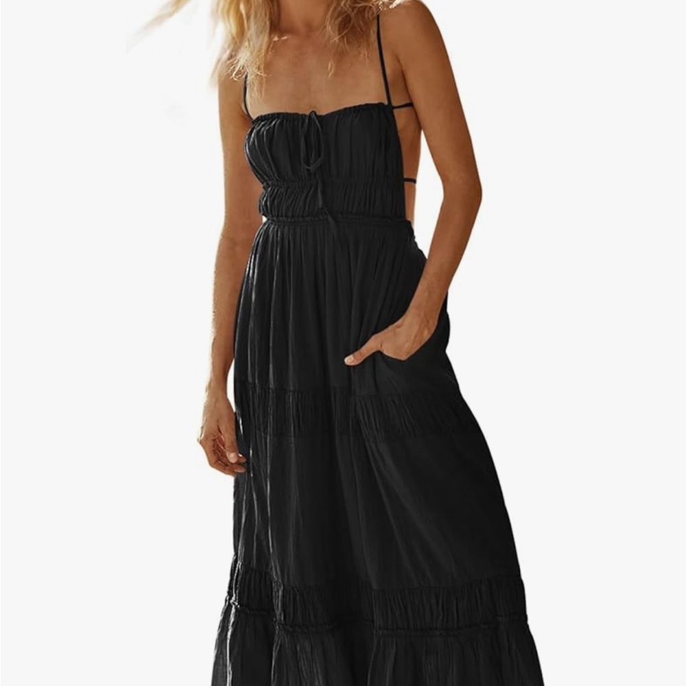 Summer Backless Tiered Flowy Maxi Dress with Pockets size large in black